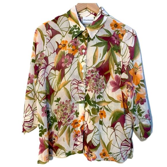 ALFRED DUNNER Floral Sheer Blouse Women’s Sz 12P Cream Fall Colors Button Up. - Picture 1 of 11